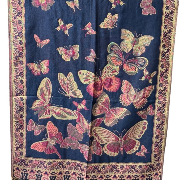 Blue Pink Fuchsia Gold Metallic Fringed Butterfly Shawl Wrap/ Scarf NEW - Picture 7 of 10